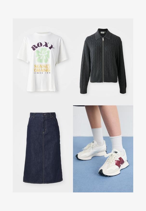 Dark gray zip-up sweater with a cable knit pattern, collared design, and ribbed cuffs and hem. Features a silver zipper closure.; White cotton t-shirt featuring a large purple "ROXY" logo, a green flower design, and "SUNSET CHASE" in yellow, with relaxed short sleeves.; Dark denim skirt with a high waist, straight cut, front pockets, and stitched seams. Features a zip and button closure at the waist.; Pair of white sneakers with maroon accents, textured panels, flat black outsole, and light laces, worn with white ankle socks.