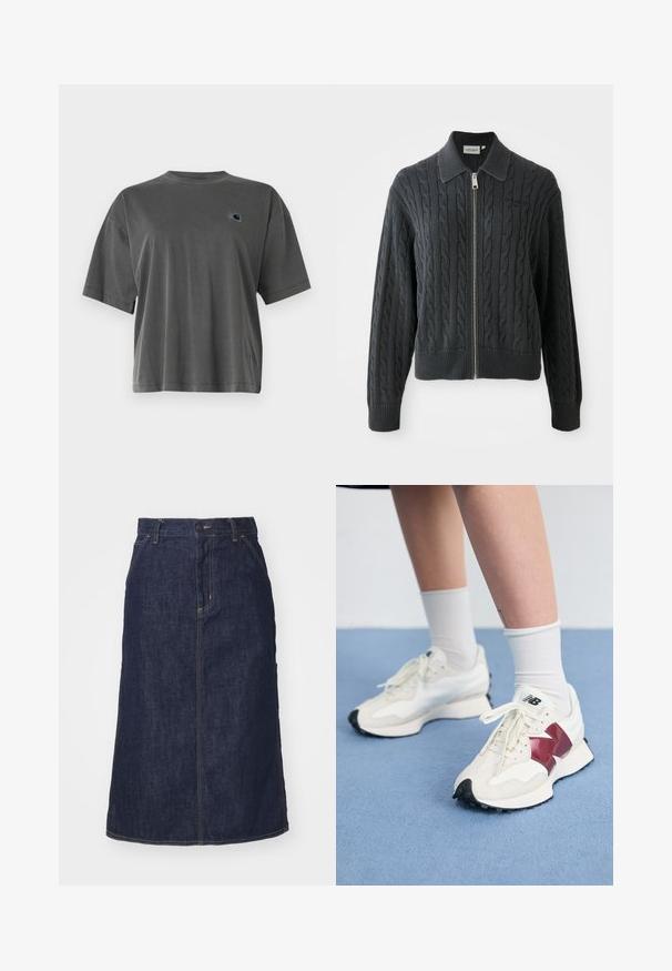 Dark gray zip-up sweater with a cable knit pattern, collared design, and ribbed cuffs and hem. Features a silver zipper closure.; Gray cotton t-shirt with a crew neck and short sleeves. Features a small logo patch in a contrasting color on the left chest area.; Dark denim skirt with a high waist, straight cut, front pockets, and stitched seams. Features a zip and button closure at the waist.; Pair of white sneakers with maroon accents, textured panels, flat black outsole, and light laces, worn with white ankle socks.