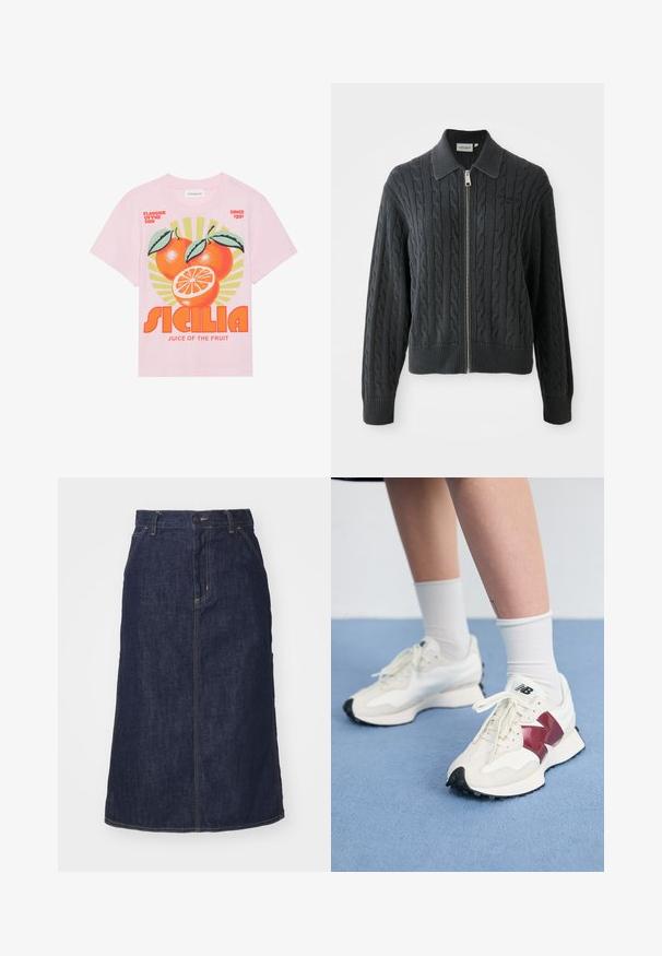 Mørkegrå hettejakke med glidelås og kabelstrikk mønster, krage-design og ribbede mansjetter og kant. Har en sølv glidelås lukking.; Rosa bomull t-skjorte med en livlig grafikk av tre appelsiner med blader, en solstrålebakgrunn og fet tekst "SICILIA JUICE OF THE FRUIT."; Mørk denimskjørt med høy midje, rett snitt, frontlommer og sømmer. Har glidelås og knappeåpning i midjen.; Par med hvite joggesko med bordeaux detaljer, teksturerte paneler, flat svart yttersåle og lette snøringer, iført hvite ankelstrømper.