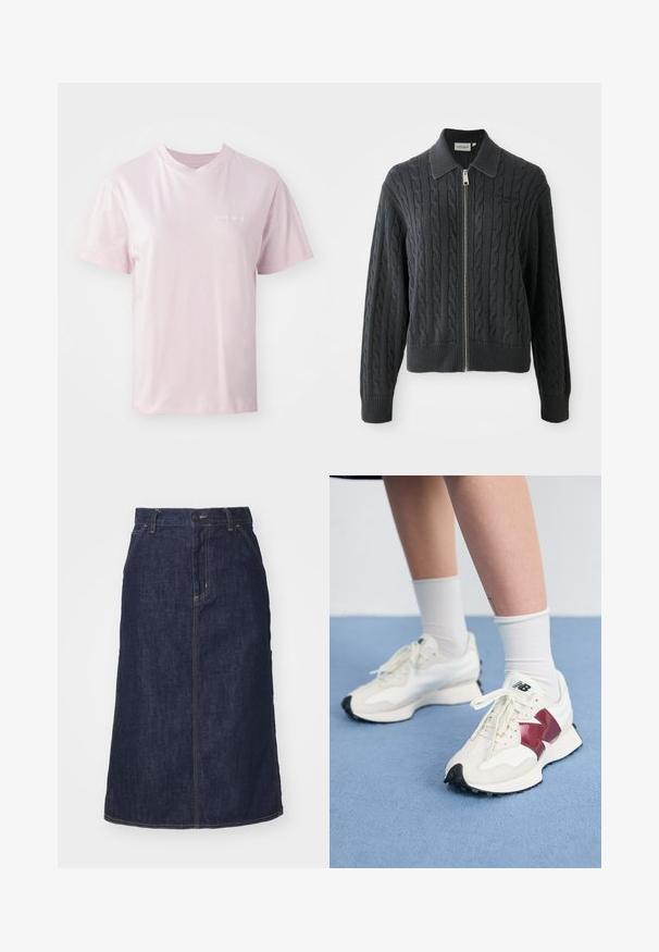 Tmavohnedý svetrový kabát so zipsom, s vzorom z pletených šnurovačiek, golierom a rebrovanými manžetami a lemom. Obsahuje strieborný zips.; Svetloružové bavlnené tričko s okrúhlym výstrihom, krátkymi rukávmi a jemným logom potlačeným bielou farbou na ľavej strane hrude.; Tmavé džínsové sukne s vysokým pásom, rovný strih, predné vrecká a prešitými švami. Obsahuje zips a gombík na uzatvorenie v páse.; Pár bielych tenisiek s bordovými akcentmi, štruktúrovanými panelmi, plochou čiernou podrážkou a svetlými šnúrkami, nosených s bielymi členkovými ponožkami.