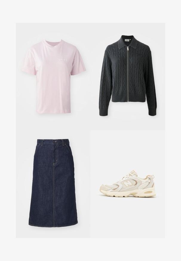 Temno siv pulover na zadrgo s vzorcem pletenice, ovratnim dizajnom ter rebrastimi manšetami in robom. Zadrga je srebrne barve.; Svetlo roza bombažna majica s krožnim izrezom, kratkimi rokavi in subtilnim belim logotipom natisnjenim na levem prsnem delu.; Temna denim krila z visokim pasom, ravnega kroja, sprednjimi žepi in šivanimi šivi. Ima zadrgo in gumb za zapiranje na pasu.; Bež športni čevlji z mrežasto in sintetično oblogo, ki imajo teksturirano površino, podložen ovratnik in 'ABZORB' blaženje v peti.