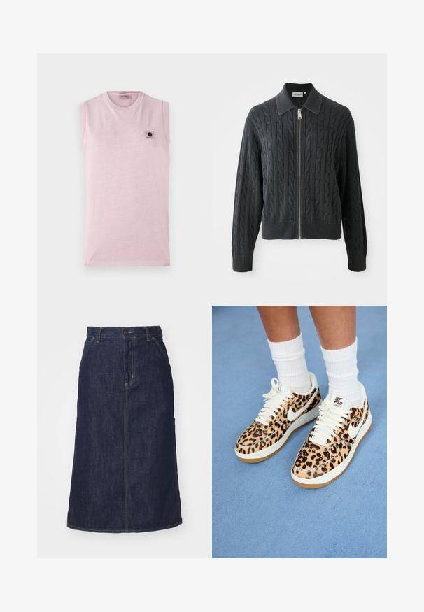 Donkergrijze ritssweater met een kabelpatroon, kraagontwerp en gebreide manchetten en zoom. Voorzien van een zilveren ritssluiting.; Lichtroze mouwloze t-shirt van zachte stof, met een ronde halslijn en een klein vierkant logo-opdruk op de linker borst.; Donkere spijkerrok met een hoge taille, recht gesneden, voorzakken en gestikte naden. Voorzien van een rits en knoopsluiting op de taille.; Nike Air Force 1 sneakers met luipaardprint, witte veters en swoosh, met een tan rubberen buitenzool en een gestructureerde bovenkant. Witte crew-sokken zichtbaar.