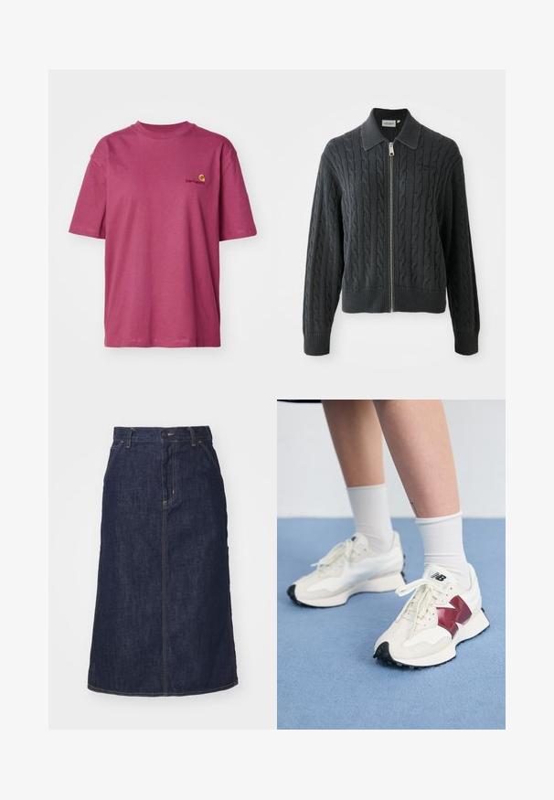 Gilet zippé gris foncé avec un motif en maille torsadée, un col et des poignets et un ourlet côtelés. Il dispose d'une fermeture éclair argentée.; Carhartt WIP AMERICAN SCRIPT - T-shirt basique - dusty fuchsia; Jupe en denim foncé à taille haute, coupe droite, poches avant et coutures surpiquées. Fermeture à glissière et bouton à la taille.; Une paire de baskets blanches avec des accents bordeaux, des panneaux texturés, une semelle noire plate et des lacets légers, portées avec des chaussettes blanches mi-mollet.