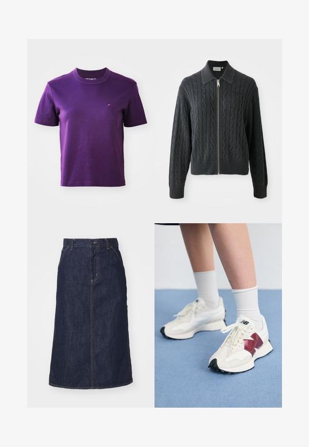 Dark gray zip-up sweater with a cable knit pattern, collared design, and ribbed cuffs and hem. Features a silver zipper closure.; Purple cotton t-shirt with a round neckline and short sleeves; features a small embroidered logo on the chest. Smooth texture, no patterns.; Dark denim skirt with a high waist, straight cut, front pockets, and stitched seams. Features a zip and button closure at the waist.; Pair of white sneakers with maroon accents, textured panels, flat black outsole, and light laces, worn with white ankle socks.