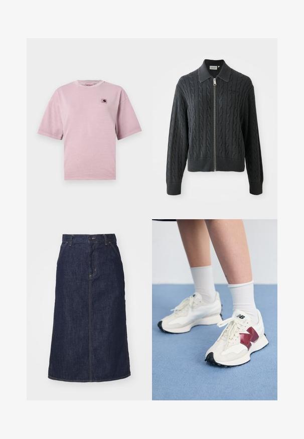 Maglione zip-up grigio scuro con motivo a treccia, design con colletto e polsini e orlo a coste. Presenta una chiusura con zip argentata.; T-shirt rosa chiaro a maniche corte in tessuto morbido, con un piccolo logo quadrato sulla parte sinistra del petto e un design a collo rotondo.; Gonna di jeans scuro con vita alta, taglio dritto, tasche frontali e cuciture a vista. Presenta una chiusura con zip e bottone in vita.; Paio di sneakers bianche con accenti bordeaux, pannelli testurizzati, suola piatta nera e lacci leggeri, indossati con calzini bianchi alla caviglia.