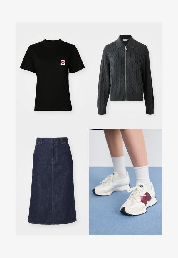 Tmavě šedá svetr na zip s kardanovým vzorem, límcovým designem a žebrovanými manžetami a spodním lemem. Obsahuje stříbrný zip.; Černé bavlněné tričko s kulatým výstřihem a krátkými rukávy. Na přední straně má kapsu s červeným srdcovým logem a bílým textem.; Tmavě modrá džínová sukně s vysokým pasem, rovného střihu, předními kapsami a prošitými švy. Disponuje zipem a knoflíkem na zapínání v pase.; Pár bílých tenisek s vínovými akcenty, texturovanými panely, plochou černou podrážkou a světlými tkaničkami, nošené s bílými kotníkovými ponožkami.