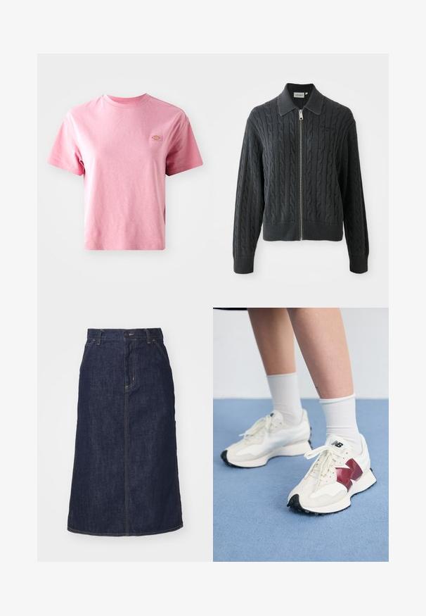 Sötét szürke cipzáros pulóver, gabalyos kötésmintával, galléros kivitelben, bordázott mandzsetta- és alsó szegéllyel. Ezüst cipzáras záródással rendelkezik.; Rózsaszín pamut póló rövid ujjakkal, kerek nyakkivágással és téglalap alakú logó pakkal a bal mellkasi részen. Simább textúra, laza szabás.; Sötét farmer szoknya magas derékkal, egyenes szabással, elülső zsebekkel és varrott varrásokkal. A deréknál cipzáros és gombos záródással rendelkezik.; Fehér sneaker pár, bordó kiegészítőkkel, texturált panelekkel, lapos fekete talppal és világos fűzőkkel, fehér bokazoknival viselve.