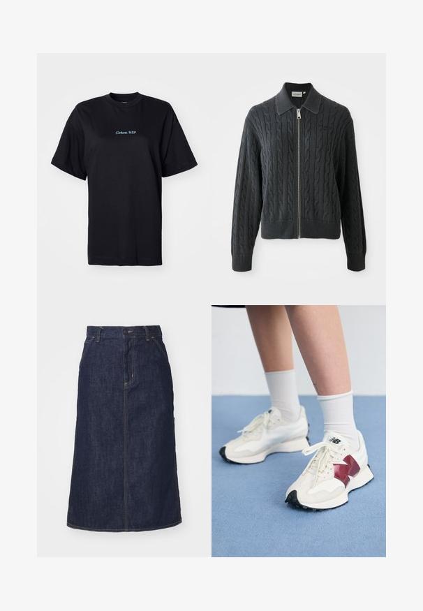 Tmavě šedá svetr na zip s kardanovým vzorem, límcovým designem a žebrovanými manžetami a spodním lemem. Obsahuje stříbrný zip.; Černé bavlněné tričko s volným střihem. Na přední straně je vyšitý nápis "Carhartt, WTP" světle modrou barvou, má kulatý výstřih a krátké rukávy.; Tmavě modrá džínová sukně s vysokým pasem, rovného střihu, předními kapsami a prošitými švy. Disponuje zipem a knoflíkem na zapínání v pase.; Pár bílých tenisek s vínovými akcenty, texturovanými panely, plochou černou podrážkou a světlými tkaničkami, nošené s bílými kotníkovými ponožkami.