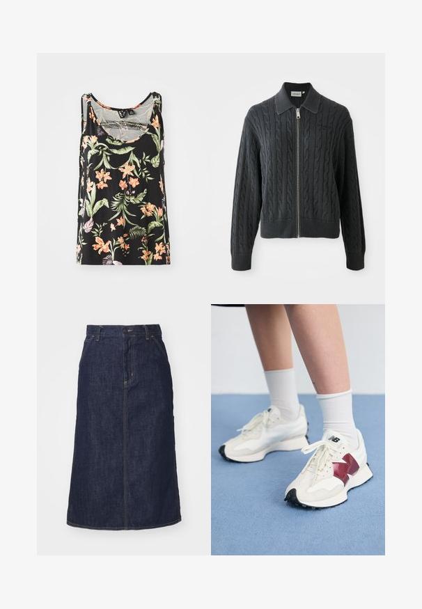 Donkergrijze ritssweater met een kabelpatroon, kraagontwerp en gebreide manchetten en zoom. Voorzien van een zilveren ritssluiting.; Zwarte mouwloze tanktop met een bloemenpatroon van roze en oranje bloemen en groene bladeren. Zachte stof met een relaxte pasvorm.; Donkere spijkerrok met een hoge taille, recht gesneden, voorzakken en gestikte naden. Voorzien van een rits en knoopsluiting op de taille.; Een paar witte sneakers met bordeauxrode accenten, getextureerde panelen, een platte zwarte buitenzool en lichte veters, gedragen met witte enkelsokken.
