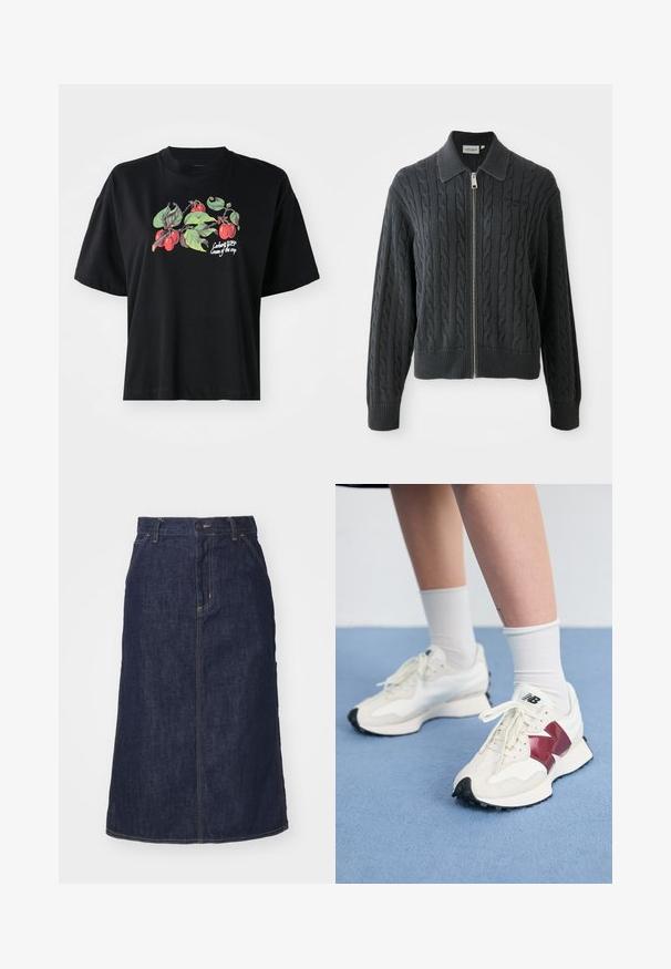 Donkergrijze ritssweater met een kabelpatroon, kraagontwerp en gebreide manchetten en zoom. Voorzien van een zilveren ritssluiting.; Zwarte T-shirt met korte mouwen met een kleurrijke fruit- en blaadjesprint aan de voorkant, met de tekst "Cargart WIP Cream of the crop."; Donkere spijkerrok met een hoge taille, recht gesneden, voorzakken en gestikte naden. Voorzien van een rits en knoopsluiting op de taille.; Een paar witte sneakers met bordeauxrode accenten, getextureerde panelen, een platte zwarte buitenzool en lichte veters, gedragen met witte enkelsokken.