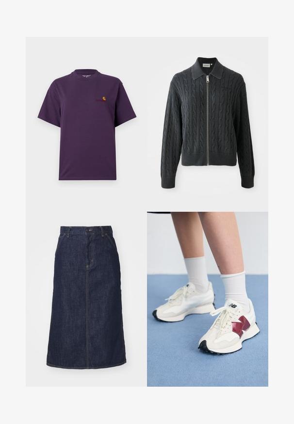 Mørkegrå lynlåstrøje med kabelstrikket mønster, krave-design og ribkantede manchetter og kant. Har en sølv lynlås lukning.; Lilla bomulds T-shirt med rund halsudskæring og korte ærmer. Har et lille logo i orange og rødt på venstre bryst.; Mørk denimnederdel med høj talje, lige skæring, forlommer og stikninger. Har lynlås og knaplukning i taljen.; Et par hvide sneakers med maroon detaljer, strukturerede paneler, flad sort sål og lyse snørebånd, båret med hvide ankelstrømper.