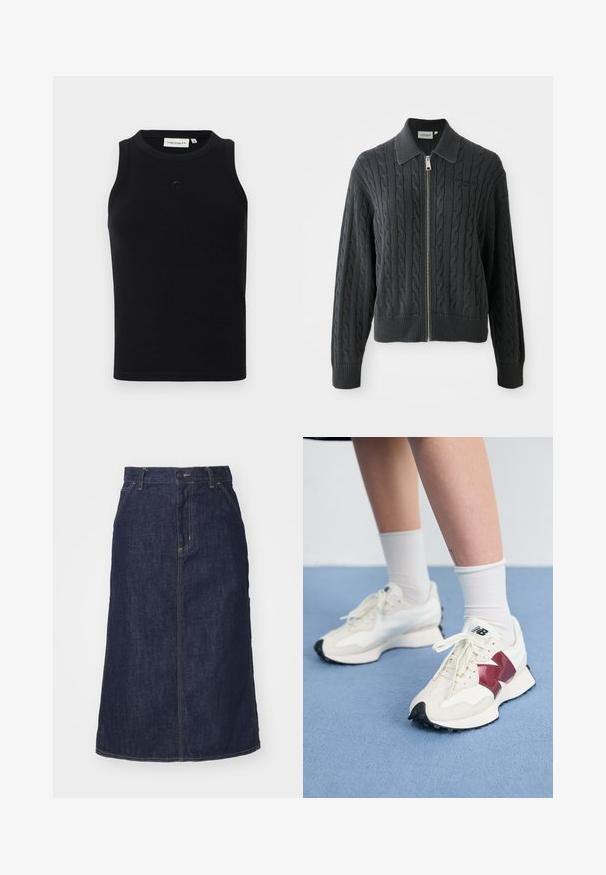 Tumehall hallitaveta kõrge kaelusega sviiter, millel on lõngas õmmeldud muster ja soonikkudumine varrukatel ning allääril. Tootel on hõbedane tõmblukk.; Must have mustanlai tank top, mis on valmistatud ribakanga, ümmarguse kaelusega ja väikese logoga ees. Lihtne, keha lähedale liibuv disain.; Tume denim.seelik kõrge vöökoha, sirge lõike, esikottide ja õmmeldud õmblustega. Vöökoht on varustatud luku ja nööbiga.; Valge tenniste paar marooni aktsentide, tekstuuriliste paneelide, lame musta tallaga ja heleda nööriga, kantud valgete pahkl sockidega.