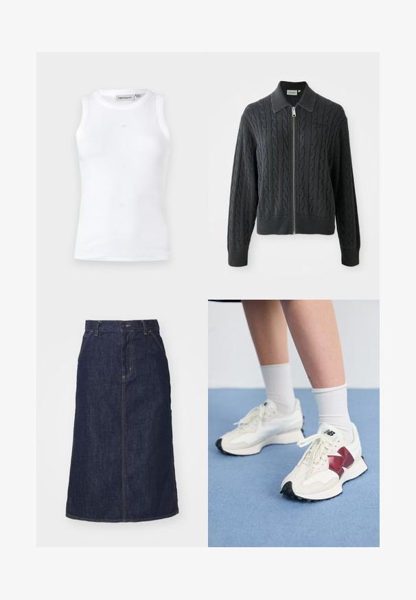 Sötét szürke cipzáros pulóver, gabalyos kötésmintával, galléros kivitelben, bordázott mandzsetta- és alsó szegéllyel. Ezüst cipzáras záródással rendelkezik.; Fehér ujjatlan trikó bordás anyagból. Kerek nyakkivágással rendelkezik, és a középen egy kis logó található. Egyszerű dizájn.; Sötét farmer szoknya magas derékkal, egyenes szabással, elülső zsebekkel és varrott varrásokkal. A deréknál cipzáros és gombos záródással rendelkezik.; Fehér sneaker pár, bordó kiegészítőkkel, texturált panelekkel, lapos fekete talppal és világos fűzőkkel, fehér bokazoknival viselve.