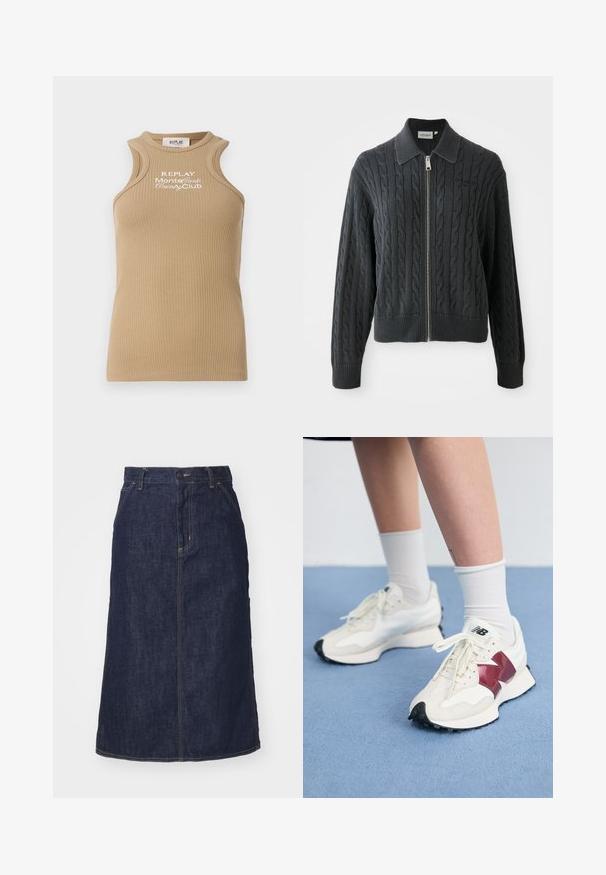 Sudadera con cremallera de color gris oscuro, con un patrón de punto de cable, diseño con cuello y puños y dobladillo acanalados. Presenta un cierre de cremallera plateada.; Top de tirantes acanalado color beige con cuello redondo y tirantes anchos. Presenta bordado en blanco "REPLAY MonteCarlo Country Club" en la parte frontal.; Falda de mezclilla oscura con cintura alta, corte recto, bolsillos delanteros y costuras cosidas. Presenta un cierre de cremallera y botón en la cintura.; Un par de zapatillas blancas con acentos en color burdeos, paneles texturizados, suela negra plana y cordones claros, llevadas con calcetines blancos hasta el tobillo.