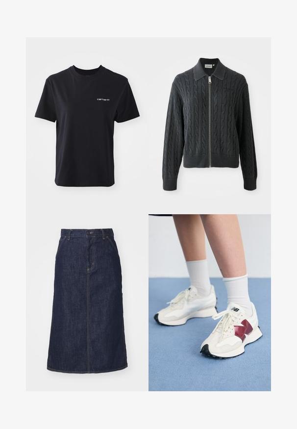 Dunkelgrauer Reißverschluss-Pullover mit einem Zopfmuster, kragenförmigem Design und gerippten Bündchen und Saum. Verfügt über einen silbernen Reißverschluss.; Schwarzes Baumwoll-T-Shirt mit Rundhalsausschnitt, kurzen Ärmeln und weißem "Carhartt"-Logo auf der linken Brust. Glatte Textur, normale Passform.; Dunkelblaue Jeansrock mit hoher Taille, geradem Schnitt, aufgesetzten Taschen und genähten Nähten. Mit einem Reißverschluss und einem Knopfverschluss an der Taille.; Ein Paar weiße Sneakers mit kastanienbraunen Akzenten, strukturierten Paneelen, flacher schwarzer Außensohle und hellen Schnürsenkeln, getragen mit weißen Knöchelsocken.