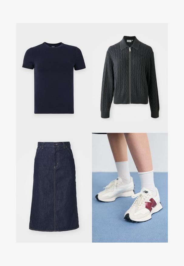 Ciemnoszara bluza na zamek błyskawiczny z wzorem w warkocz, z kołnierzykiem oraz ściągaczami przy mankietach i u dołu. Posiada srebrny zamek błyskawiczny.; Granatowa bluzka t-shirt z okrągłym dekoltem, wykonana z gładkiej bawełny, z krótkimi rękawami i regularnym krojem. Prosty, bezszwowy design, bez wzorów.; Ciemnoniebieska spódnica dżinsowa z wysokim stanem, prostym krojem, przednimi kieszeniami i przeszyciami. Posiada zamek błyskawiczny i guzik w pasie.; Para białych sneakersów z bordowymi akcentami, teksturowanymi panelami, płaską czarną podeszwą i jasnymi sznurowadłami, noszonych z białymi skarpetkami do kostek.