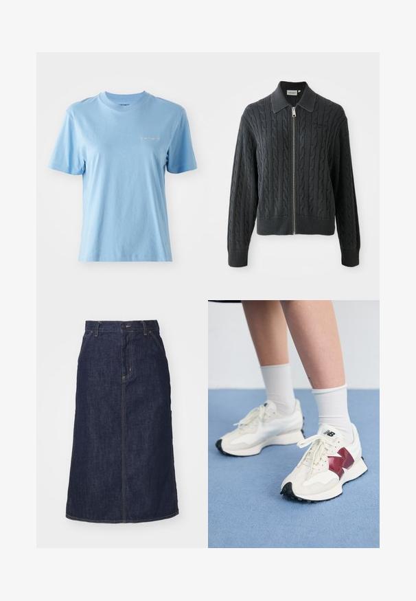 Sötét szürke cipzáros pulóver, gabalyos kötésmintával, galléros kivitelben, bordázott mandzsetta- és alsó szegéllyel. Ezüst cipzáras záródással rendelkezik.; Rövid ujjú, kerek nyakú póló, puha pamutból, világoskék színben, amelyen egy kis fehér Carhartt logó található a mellkason. Sima textúra.; Sötét farmer szoknya magas derékkal, egyenes szabással, elülső zsebekkel és varrott varrásokkal. A deréknál cipzáros és gombos záródással rendelkezik.; Fehér sneaker pár, bordó kiegészítőkkel, texturált panelekkel, lapos fekete talppal és világos fűzőkkel, fehér bokazoknival viselve.