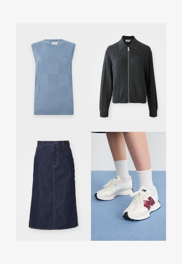 Maglione zip-up grigio scuro con motivo a treccia, design con colletto e polsini e orlo a coste. Presenta una chiusura con zip argentata.; Maglione senza maniche azzurro chiaro con un motivo a quadri testurizzato, colletto e orlo a coste, realizzato in morbido materiale lavorato a maglia. Dettaglio del logo minimale.; Gonna di jeans scuro con vita alta, taglio dritto, tasche frontali e cuciture a vista. Presenta una chiusura con zip e bottone in vita.; Paio di sneakers bianche con accenti bordeaux, pannelli testurizzati, suola piatta nera e lacci leggeri, indossati con calzini bianchi alla caviglia.