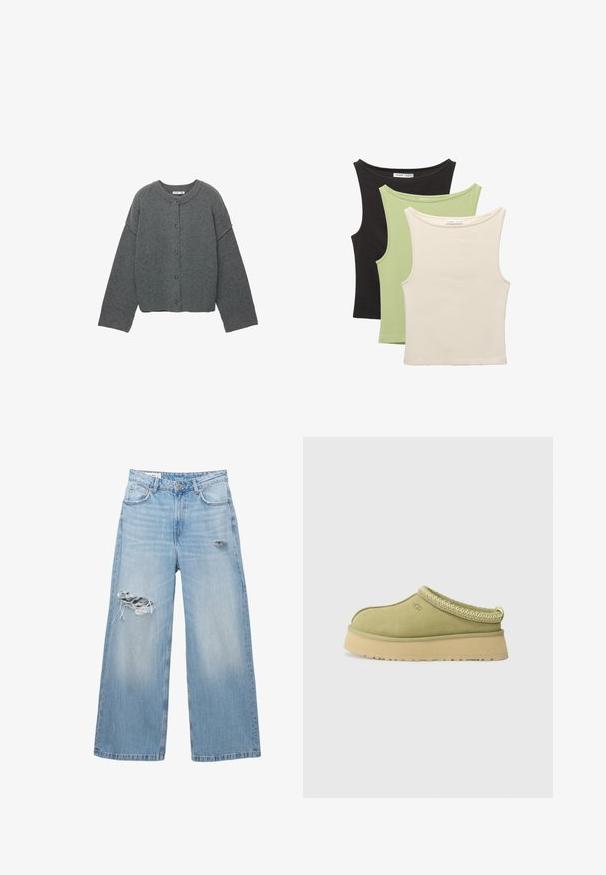 Sivi pleteni kardigan s okruglim izrezom, zatvorenjem na gumbe sprijeda i rebrastim manžetama. Ima opušteni kroj i meku teksturu.; Trije bezruku majice u crnoj, svijetlozelenoj i bež boji. Svaka ima okrugli izrez i mekani, rebrasti tekstur.; Svijetloplave široke traperice od denima, s izrezanicama na koljenima i dizajnom s pet džepova. Čisti, ravni rub.; UGG TAZZ II - Klompe - muted brass