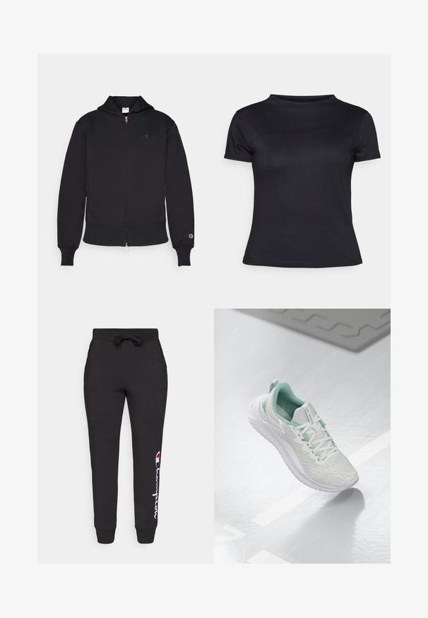 Hanorac negru cu fermoar, fabricat dintr-un amestec de bumbac. Dispune de un fermoar frontal, buzunare tip kangaroo, manșete ribbate și un logo brodat pe pieptul stâng.; Tricou negru cu mânecă scurtă fabricat dintr-o combinație de bumbac, având guler rotund și o textură netedă, fără logo-uri sau modele vizibile.; Pantaloni de trening negri, dintr-un material moale, având un talie cu șnur și manșete cu nervuri, cu un logo alb și roșu "Champion" pe lateral.; Pantof de sport gri deschis, cu un material tricotat texturat, accente verde menta, șireturi albe, talpă din cauciuc și o bucată pentru tragere la călcâi.