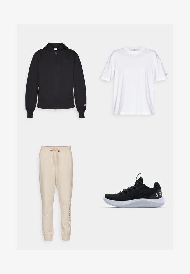 Črna zip-up kapuca iz mešanice bombaža. Ima sprednji zadrgo, kenguru žepke, rebraste manšete in vezeno logo na levem prsnem delu.; Bela bombaža majica z okroglo ovratnikom, kratkimi rokavi in majhnim logotipom na levem prsnem delu. Ima sproščen fit in enotno barvo.; Champion ICONS CUFF PANTS LARGE LOGO - Spodnji deli trenirk - beige; Črne športne copate z zračnim mrežastim zgornjim delom, strukturnimi detajli in belo gumijasto podplat. Imajo ravne vezalke in zanko na peti.
