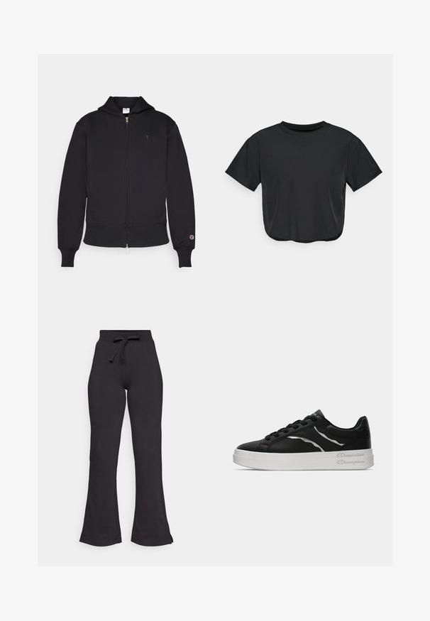 Black zip-up hoodie made of cotton blend. Features a front zipper, kangaroo pockets, ribbed cuffs, and embroidered logo on left chest.; Black cropped t-shirt made of soft material, featuring a round neckline, short sleeves, and a relaxed fit. Subtle stitching details.; Black flared sweatpants made of soft fabric, featuring a drawstring waistband and smooth texture. Designed for comfort and ease of wear.; Black leather sneaker with white sole, featuring thin silver accents and lace-up design. Smooth texture with branded detailing on the heel.