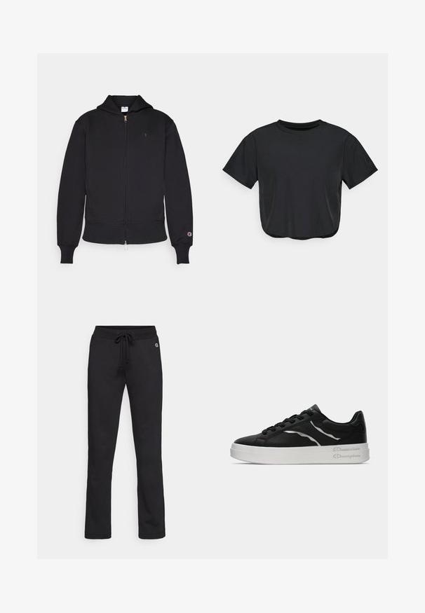 Črna zip-up kapuca iz mešanice bombaža. Ima sprednji zadrgo, kenguru žepke, rebraste manšete in vezeno logo na levem prsnem delu.; Črna skrajšana majica z mehkega materiala, s krožnim izrezom, kratkimi rokavi in udobnim krojem. Diskretni šivni detajli.; Črne trenirke iz mehkega materiala, z vrvico za prilagajanje v pasu, ravnimi nogami in diskretnim logotipom na zgornji strani.; Črne usnjene teniske z belo podlogo, ki imajo tanke srebrne akcenta in vezalni dizajn. Gladka tekstura s logotipom na peti.