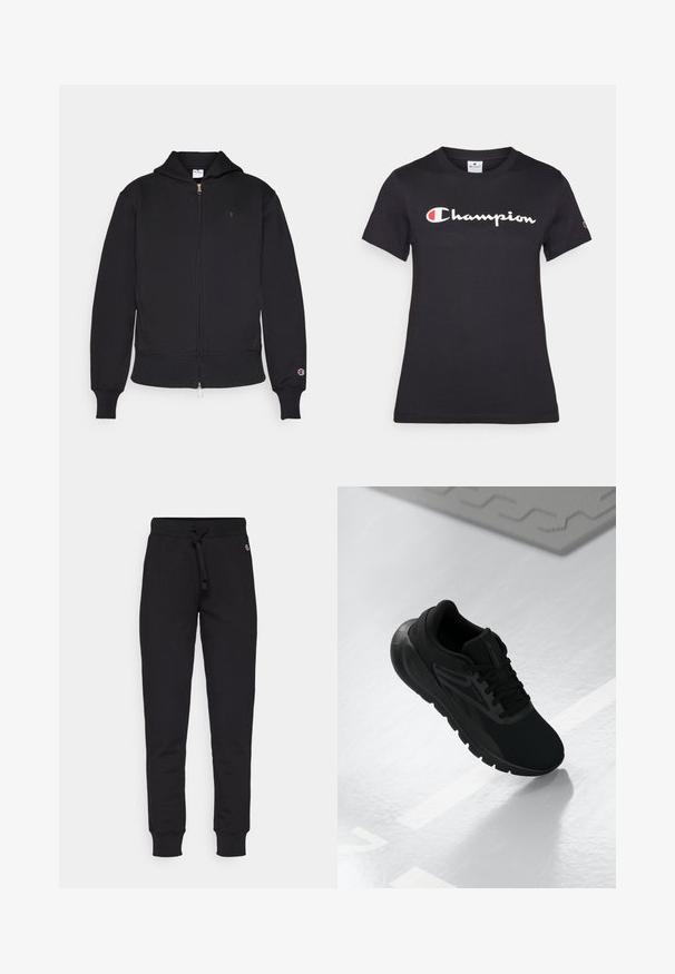 Schwarze Zip-Hoodie aus Baumwollmischung. Verfügt über einen Frontreißverschluss, Kängurutaschen, gerippte Bündchen und ein gesticktes Logo auf der linken Brust.; Schwarzes T-Shirt aus Baumwolle mit kurzen Ärmeln, einem Rundhalsausschnitt und einem großen weißen "Champion"-Logo mit rotem Akzent auf der linken Brust.; Schwarze Baumwoll-Sweatpants mit schmal zulaufenden Beinen, elastischen Bündchen und einem verstellbaren Kordelzug an der Taille. Mit einem kleinen Logo auf der Vorderseite.; Schwarzer Sportschuh mit einem Obermaterial aus Mesh, runder Zehenpartie, gepolsterter Sohle und strukturierten Akzenten, platziert auf einer glatten weißen Oberfläche.