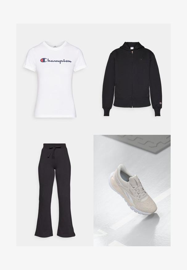Juodas užtrauktuku užsegamas gobtuvas, pagamintas iš medvilnės mišinio. Yra priekinis užtrauktukas, kengūrinės kišenės, raibučiai rankogaliai ir išsiuvinėtas logotipas kairėje krūtinės pusėje.; Baltos medvilninės marškinėliai su apvaliu kaklu ir trumpomis rankovėmis, puošti tamsiai mėlyna ir raudona "Champion" logotipu per krūtinę.; Juodos flared tipo sportinės kelnės, pagamintos iš minkštos medžiagos, su raišteliu reguliuojamu juosmeniu ir lygiu paviršiumi. Sukurtos patogumui ir lengvam dėvėjimui.; Šviesiai smėliniai sportiniai batai su perforuotu viršumi, tekstūruotomis detalėmis, paminkštintu apvadu ir balta guma, sukurti komfortui ir kvėpuojamumui.