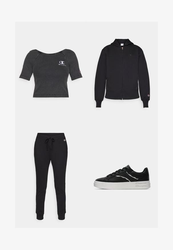 Must have mustavärvi kapuutsiga jakks, mis on valmistatud puuvilla segust. Omab esimesi tõmblukke, kenguru taskut, soonikuid ja brodeeritud logo vasakul rinnal.; Must mustriba lühikeste varrukatega lühikese T-särk ümmarguse kaelusega ja valge tikandiga logo vasakul rinnal ja varrukal.; Mustjakk mustast pehmest kangast, millel on reguleeritav nööriga vöökoht ja soonikkoes mansetid mugava istuvuse saavutamiseks. Küljel on logod.; Must musta kingad valge tallaga, õhukeste hõbedaste detailidega ja nööpidega kujundusega. Sile tekstuur ja bränditud detailid kandadel.