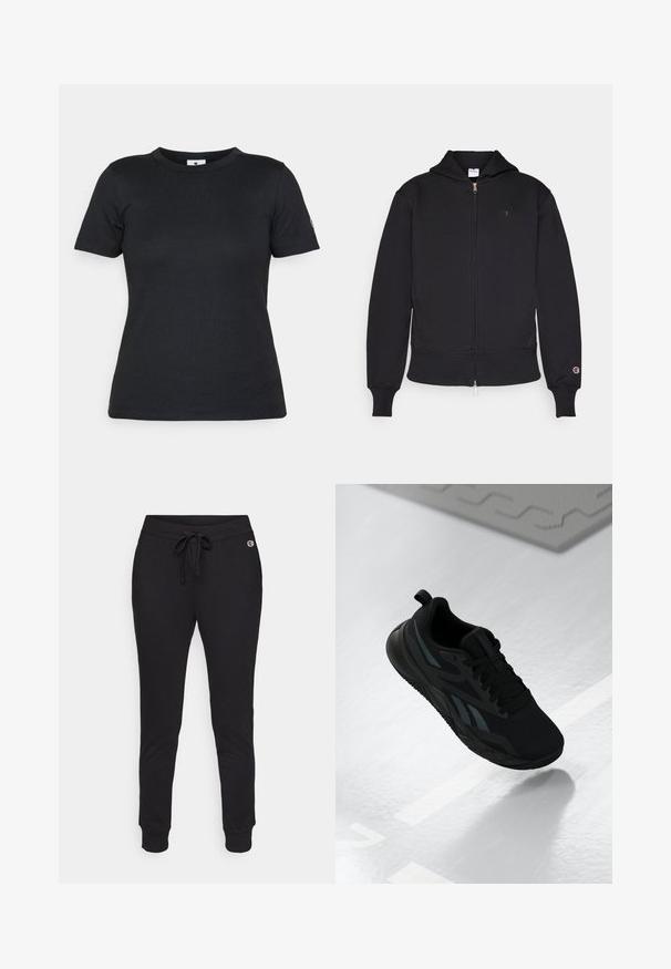 Zwarte zip-up hoodie van een katoenmix. Bevat een voorrits, kangoeroezakjes, geribde manchetten en een geborduurd logo op de linkerborst.; Zwarte katoenen t-shirt met korte mouwen, ronde hals en logoprint op de mouw. Gladde textuur en eenvoudig, klassiek ontwerp.; Zwarte joggingbroeken van zacht materiaal, met een verstelbare tailleband met trekkoord en ribbels aan de boorden voor een goede pasvorm. Logo's aan de zijkant.; Zwarte sportieve schoen met een bovenkant van mesh, voorzien van textuuraccenten en een vlakke zoolvorm. Inclusief tonale branding en een lipje aan de hiel.