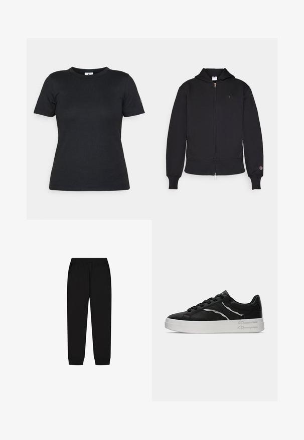Czarna bluza z kapturem na zamek, wykonana z mieszanki bawełny. Posiada zamek z przodu, kieszenie typu kangur, ściągacze przy mankietach oraz haftowane logo po lewej stronie klatki piersiowej.; Czarna bawełniana koszulka z krótkim rękawem, okrągłym dekoltem i akcentem w postaci logo na rękawie. Gładka faktura i prosty, klasyczny design.; Czarne dresy wykonane z materiału bawełnianego, z elastycznym pasem w talii, mankietami u kostek i gładką teksturą. Prosty, jednolity design.; Czarne skórzane sneakersy z białą podeszwą, z cienkimi srebrnymi akcentami i sznurowanym zapięciem. Gładka tekstura z markowym detalem na pięcie.