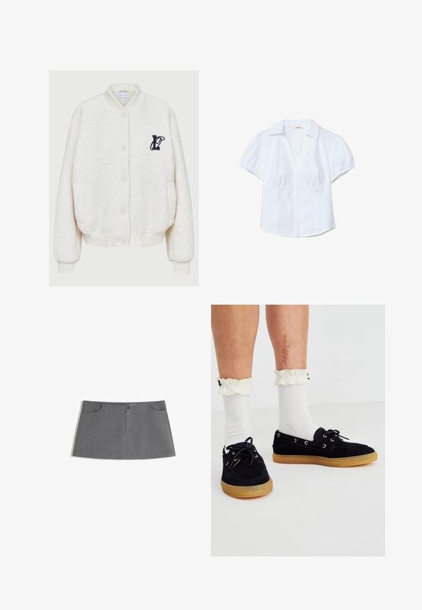 Weißer Fleece-Bomberjacke mit rundem Ausschnitt, Frontknöpfen, zwei Seitentaschen und einem navyblauen bestickten Logo auf der Brust.; Weißes Kurzarmhemd mit strukturiertem Kragen, gepufften Ärmeln und Knopfverschluss vorne. Enthält gerafftes Material an der Brust.; Grauer Rock mit geradem Schnitt, zwei Vordertaschen, einer Frontknopfleiste und einem dezenten Texturmuster.; Marineblaue Wildlederschuhe für Boote mit Gummisohlen, ausgestattet mit silbernen Ösen und Schnürsenkeln. Kombiniert mit weißen gerippten Socken und Rüschendetails an den Bündchen.