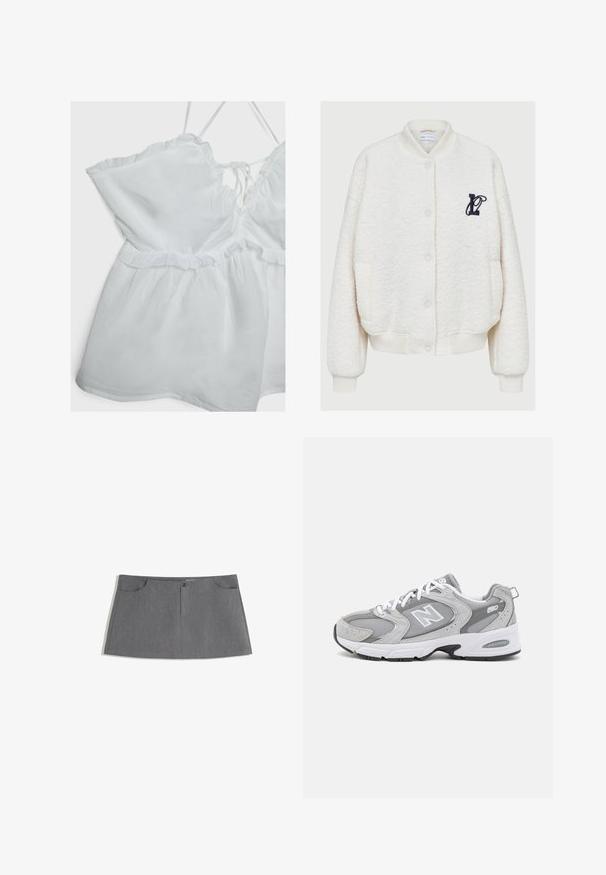 Bela flis bomber jakna, z okroglim vratom, sprednjimi gumbi, dvema stranskima žepoma in mornarsko modrim vezenim logotipom na prsih.; Bela brezrokavna majica z nabranim robom, nastavljivimi naramnicami in zategnjenim pasom. Narejena iz lahkotne tkanine s mehkobo.; Siva krila s ravnim krojem, dvema sprednjima žepoma, sprednjim gumbom za zapiranje in subtilnim teksturnim vzorcem.; Sive športne čevlje z mrežasto in semiš zgornjim delom, belimi vezalkami in črnim podplatom. Imajo izrazit logotip "N" in oblazinjen ovratnik.