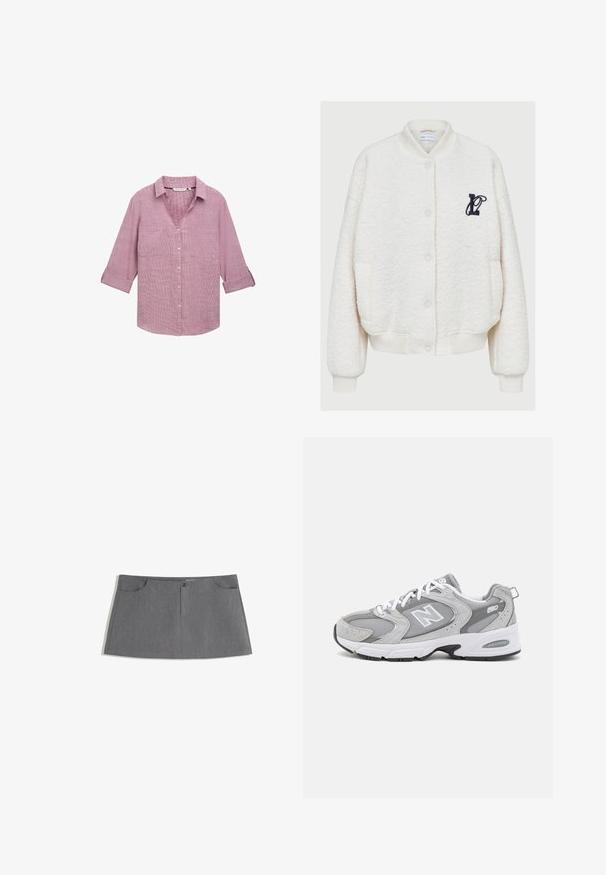 White fleece bomber jacket, featuring a round neck, front buttons, two side pockets, and a navy embroidered logo on the chest.; TOM TAILOR STRUKTURIERTE  - Button-down blouse - pink velvet; Gray skirt featuring a straight cut, two front pockets, a front button closure, and a subtle texture pattern.; Grey athletic shoes with a mesh and suede upper, white laces, and a black outsole. Features a prominent "N" logo and padded collar.