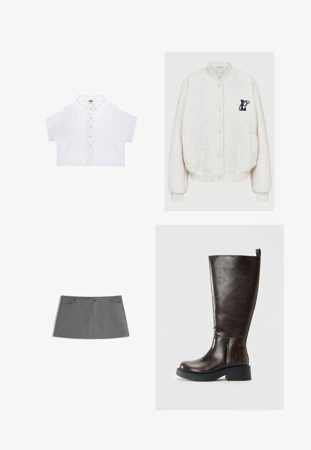 Hvid fleece bomberjakke med rund hals, frontknapper, to sidelommer og et marineblåt broderet logo på brystet.; Hvid cropped skjorte med spidse kraver, der har blomsterbroderi og en knaplukning foran. Korte ærmer med en afslappet pasform.; Grå nederdel med lige snit, to forlommer, frontlukning med knap og et subtilt mønster.; Mørkebrun læder knæhøj støvle med rund tå, chunky sort sål, lav blokhæl og trækflig bagpå.