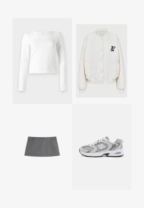 Valkoinen fleece-tikkuhaalari, jossa on pyöreä kaulus, edessä napit, kaksi sivutaskua ja tummansininen brodeerattu logo rinnassa.; Valkoinen pitkähihaisista istuvasta paidasta, jossa on neliömäinen kaula-aukko ja hieman lyhyt malli, esitetty valkoista taustaa vasten.; Harmaa hame, jossa on suora leikkaus, kaksi etutaskua, etupainike ja hienovarainen tekstuurikuvio.; Harmaat urheilukengät, joissa on verkkomateriaalia ja mokkanahkaa, valkoiset nauhat ja musta pohja. Ominaisuuksiin kuuluu suuri "N"-logo ja pehmustettu kaulus.