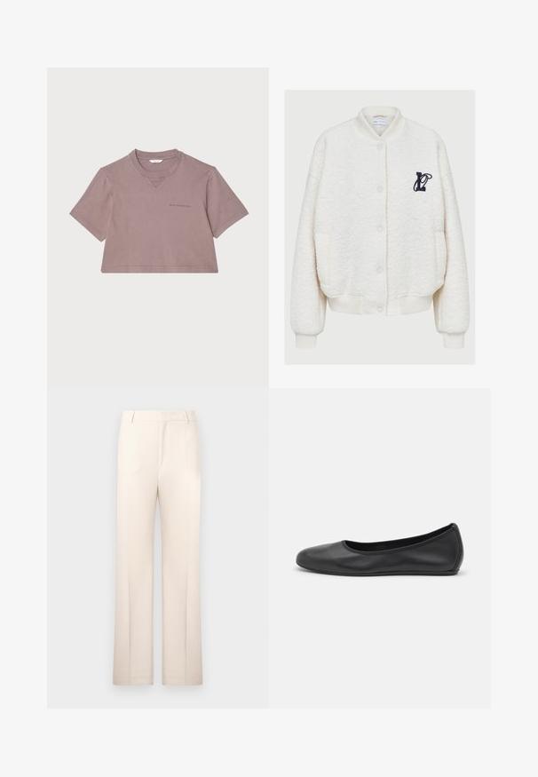 Hvid fleece bomberjakke med rund hals, frontknapper, to sidelommer og et marineblåt broderet logo på brystet.; Afklippet t-shirt i støvet mauve, lavet af blødt materiale. Har en rund hals, korte ærmer og et diskret logo trykt på forsiden.; Beige skræddersyede bukser med lige ben, lavet af letvægtsstof. Har frontfolder og en klassisk talje.; Sort læderballetsko med rund tå, glat tekstur, minimal syning og et fleksibelt såldesign.