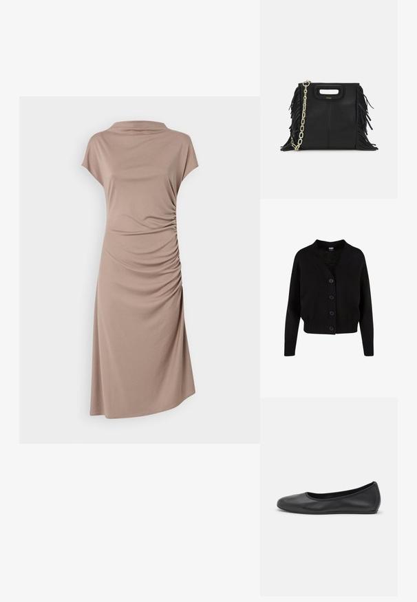Černý pletený kardigan s výstřihem do V, pěti předními knoflíky, žebrovaným lemem a manžetami a zkráceným střihem. Měkká textura s ležérním stylem.; Hnědá krátkosrstá šaty vyrobené z měkké tkaniny, s lodičkovým výstřihem a nabíranými detaily na straně pro přiléhavý siluetu.; Černé kožené baletní byty s kulatou špičkou, hladkou texturou, minimálními švy a flexibilním designem podrážky.; Černá kožená kabelka s třásněmi, zlatým řetízkovým ramenním popruhem a rukojetí s výřezem. Na přední straně se nachází logo.