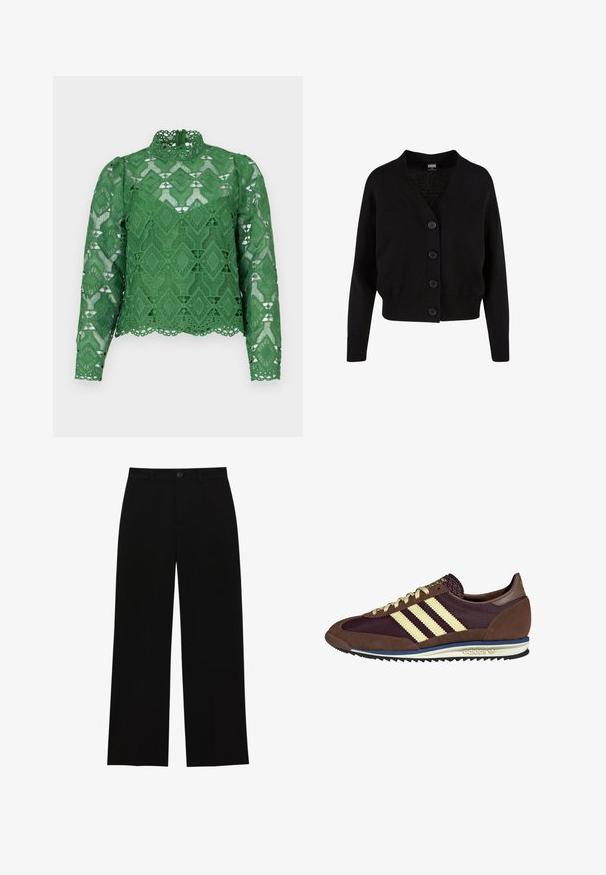 Schwarze Strickjacke mit V-Ausschnitt, fünf vorderen Knöpfen, geripptem Saum und Bündchen sowie verkürztem Design. Weicher Stoff mit lässigem Stil.; Grünes Spitzenoberteil mit langen Ärmeln, hohem Kragen und diamantförmigem Stoff. Detaillierter Wellenrand und filigranes Austrittsdesign.; Schwarze, hochtaillierte, weit geschnittene Hosen aus glattem Material, mit flacher Vorderseite, Knopfverschluss und ohne sichtbare Taschen.; Braune und burgunderfarbene Sneaker aus Wildleder und Mesh-Materialien, mit drei cremefarbenen Streifen, strukturiertem Stoff an der Zunge und einer Gummisohle.