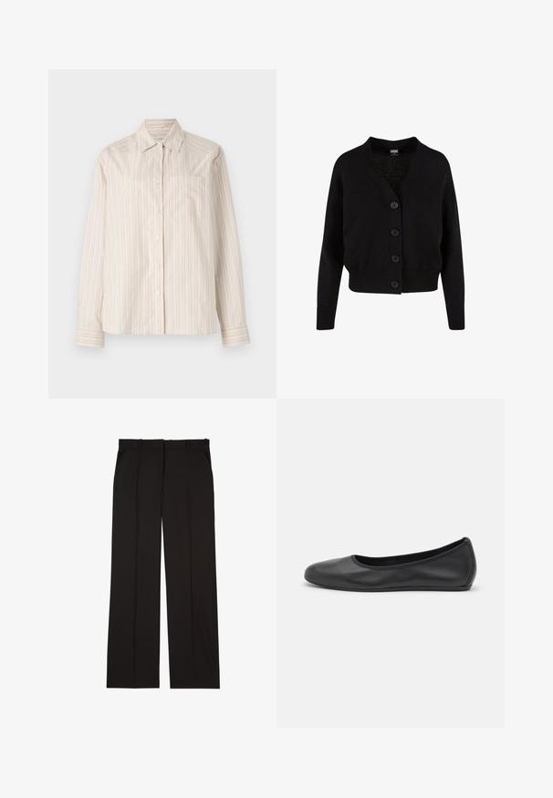 Cardigan negru din tricot cu decolteu în V, cinci butoane frontale, margine și manșete cu dantelă, și design scurt. Textură moale cu un stil casual.; Cămașă cu mânecă lungă în bej deschis, cu dungi verticale în crem și portocaliu pal. Are guler și un singur buzunar pe piept.; Pantaloni negri, croiți, confecționați dintr-un material neted, cu un design drept și două buzunare laterale. Construcție elegantă și minimalistă.; Balerini din piele neagră, cu vârf rotund, textură netedă, detalii de cusătură minimale și un design al tălpii flexibil.