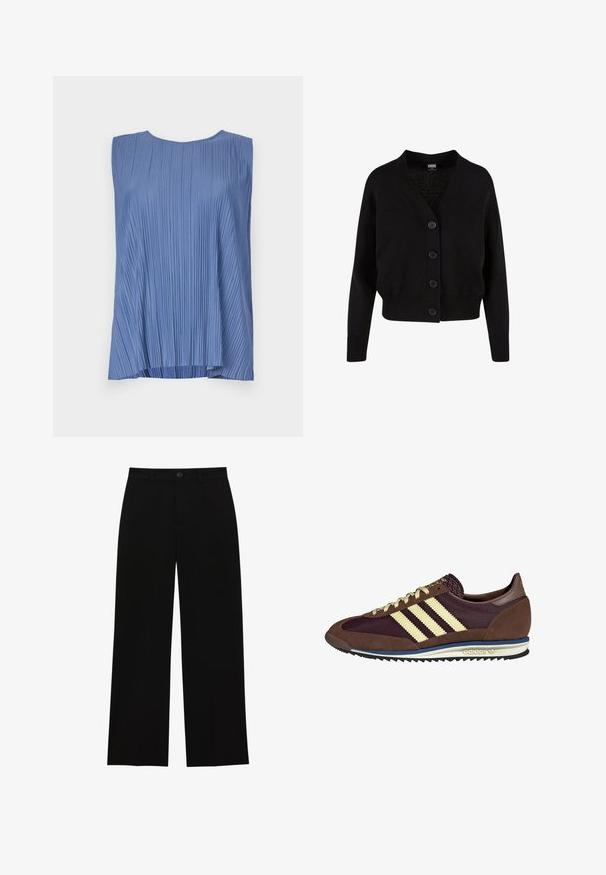 Cardigan nero in maglia con scollo a V, cinque bottoni frontali, orlo e polsini a coste, e design cropped. Tessuto morbido con uno stile casual.; Top blu senza maniche realizzato in tessuto plissettato, con scollatura rotonda e vestibilità ampia, con linee verticali che creano texture su tutta la superficie.; Pantaloni neri a vita alta, a gamba larga, realizzati in un tessuto morbido, con davanti piatto, chiusura con bottone e senza tasche visibili.; Sneaker marrone e bordeaux realizzato in materiali scamosciati e in rete, caratterizzato da tre strisce color crema, tessuto testurizzato sulla linguetta e suola in gomma.