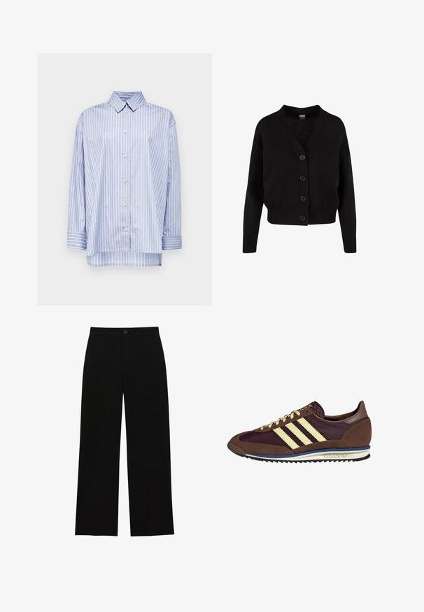 Black knit cardigan with a v-neck, five front buttons, ribbed hem and cuffs, and cropped design. Soft texture with a casual style.; Won Hundred Button-down blouse - blue/red; Black, high-waisted, wide-leg trousers made of a smooth fabric, featuring a flat front, button closure, and no visible pockets.; Brown and burgundy sneaker with suede and mesh materials, featuring three cream stripes, textured fabric on the tongue, and a rubber sole.