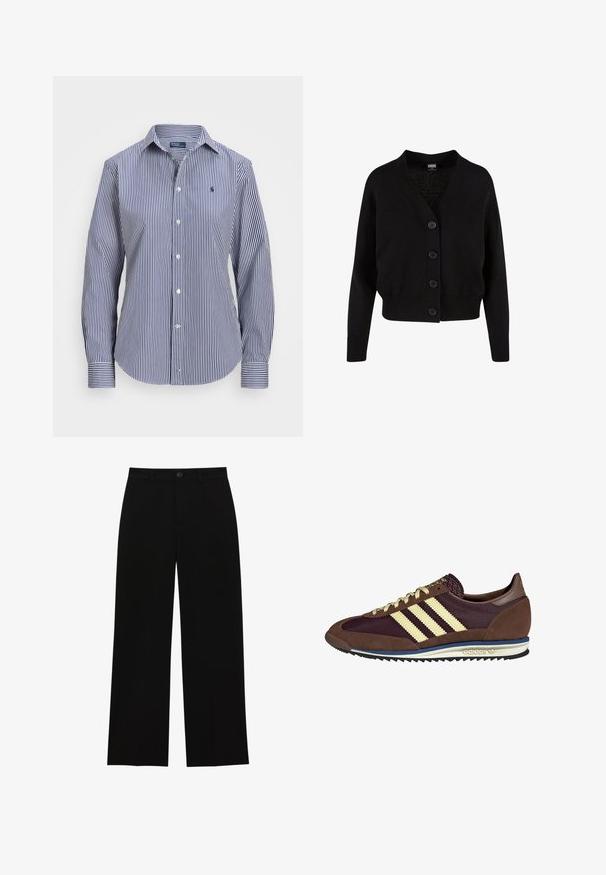 Fekete kötött kardigán V-nyakkal, öt elülső gombbal, bordázott aljjal és mandzsettával, valamint rövidített fazonnal. Puhább textúrával, laza stílussal.; Kék és fehér csíkos, hosszú ujjú ing, gombos gallérral, kontrasztos mandzsettákkal és egy kis emblémával a mellkasán.; Fekete, magasan ülepelt, bő szárú nadrág sima anyagból, lapos elejű, gombos záródással, látható zsebek nélkül.; Barna és bordó sneaker velúr és hálós anyagból, három krémcsíkkal, texturált anyaggal a nyelvén és gumitalppal.