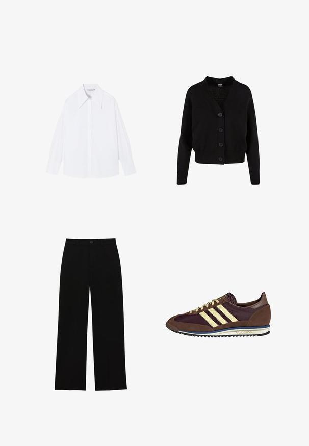 Zwarte gebreide cardigan met een V-hals, vijf knopen aan de voorkant, geribde zoom en manchetten, en een kort ontwerp. Zachte textuur met een casual stijl.; Witte, lange mouwen shirt gemaakt van gladde stof. Heeft een grote kraag, knoopsluiting en brede mouwen met een relaxte pasvorm.; Zwarte, hoge taille, wijde broek gemaakt van een gladde stof, met een flatte voorkant, knoopsluiting en geen zichtbare zakken.; Bruine en bordeauxkleurige sneaker van suede en mesh materiaal, met drie crèmekleurige strepen, een gemêleerd stof op de tong en een rubberen zool.