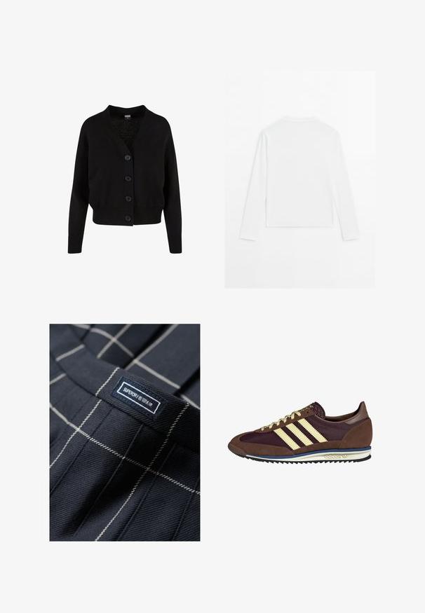 Cardigan nero in maglia con scollo a V, cinque bottoni frontali, orlo e polsini a coste, e design cropped. Tessuto morbido con uno stile casual.; Maglietta bianca a maniche lunghe, con scollo rotondo, vista da dietro, posata piatta su uno sfondo bianco.; Pantaloni a quadri blu navy con linee bianche, dotati di un'etichetta cucita che riporta la scritta "SUPERDRY." La texture del tessuto è liscia e resistente.; Sneaker marrone e bordeaux realizzato in materiali scamosciati e in rete, caratterizzato da tre strisce color crema, tessuto testurizzato sulla linguetta e suola in gomma.