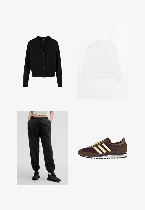 Schwarze Strickjacke mit V-Ausschnitt, fünf vorderen Knöpfen, geripptem Saum und Bündchen sowie verkürztem Design. Weicher Stoff mit lässigem Stil.; Schlichtes weißes Langarmshirt mit Rundhalsausschnitt, von hinten gezeigt, flach auf einem weißen Hintergrund ausgelegt.; Schwarze Sweatpants mit Kordelzug, seitlichen Taschen und elastischen Bündchen. Weicher Stoff mit entspannter Passform, kombiniert mit strukturierten schwarzen Sneakers.; Braune und burgunderfarbene Sneaker aus Wildleder und Mesh-Materialien, mit drei cremefarbenen Streifen, strukturiertem Stoff an der Zunge und einer Gummisohle.
