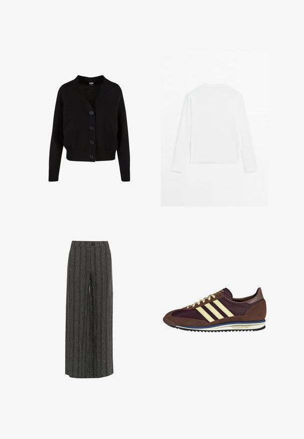 Czarny dzianinowy kardigan z dekoltem w serek, pięcioma guzikami z przodu, ściągaczem u dołu i przy mankietach oraz skróconym fasonem. Miękka faktura w swobodnym stylu.; Gładka, biała, długosleeve koszula, okrągły dekolt, pokazana od tyłu, leżąca na białym tle.; Spodnie o szerokich nogawkach z czarno-białego w paski materiału. Posiadają zapięcie na guzik oraz gładką fakturę. Design oferuje luźny krój i swobodną sylwetkę.; Brązowe i burgundowe sneakersy wykonane z zamszu i siateczkowych materiałów, z trzema kremowymi paskami, teksturowanym materiałem na języku i gumową podeszwą.