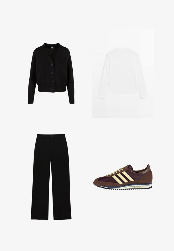 Zwarte gebreide cardigan met een V-hals, vijf knopen aan de voorkant, geribde zoom en manchetten, en een kort ontwerp. Zachte textuur met een casual stijl.; Effen witte langslopende shirt met lange mouwen, ronde hals, van achteren weergegeven, plat gelegd op een witte achtergrond.; Zwarte, hoge taille, wijde broek gemaakt van een gladde stof, met een flatte voorkant, knoopsluiting en geen zichtbare zakken.; Bruine en bordeauxkleurige sneaker van suede en mesh materiaal, met drie crèmekleurige strepen, een gemêleerd stof op de tong en een rubberen zool.