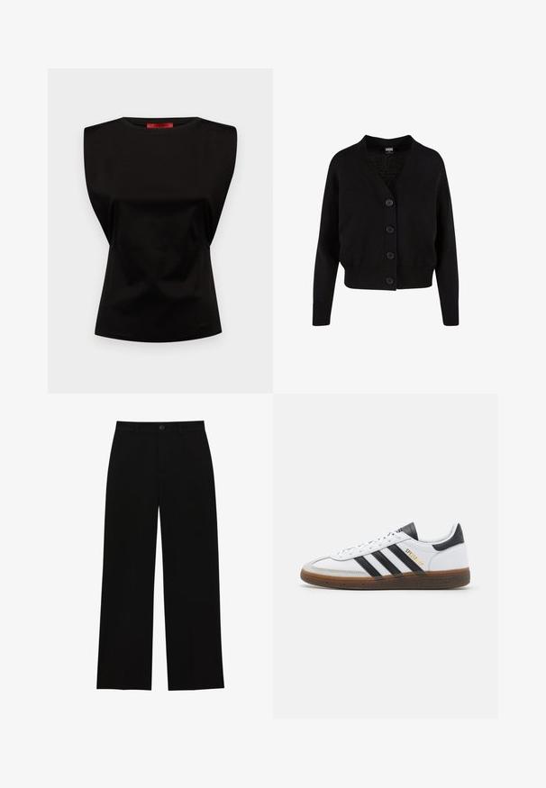 Černý pletený kardigan s výstřihem do V, pěti předními knoflíky, žebrovaným lemem a manžetami a zkráceným střihem. Měkká textura s ležérním stylem.; Černý bezrukávový top se strukturovaným designem ramen, hladkou texturou, kulatým výstřihem a jemným nařasením v pase.; Černé, vysoké kalhoty s širokým střihem vyrobené z hladkého materiálu, s plochým předním dílem, zapínáním na knoflík a bez viditelných kapes.; Bílé kožené tenisky s černými semišovými akcenty, třemi černými pruhy, béžovou gumovou podrážkou a zlatým označením "SPEZIAL" na boku.